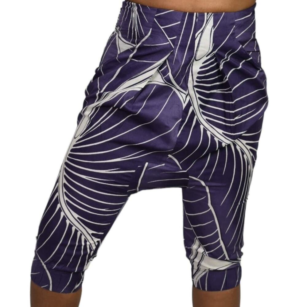 Benetton Drop Crotch Capri Shorts Purple Cotton Harem High Waist Relaxed Size 4